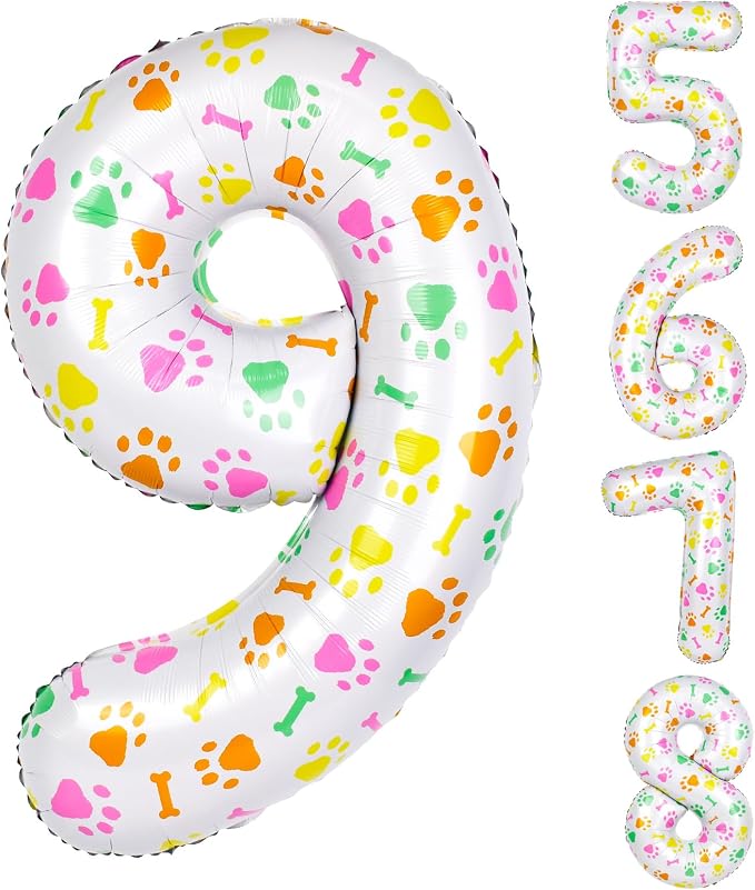 40 Inch Multi-color Dog Paw Birthday Balloons, Numeral 9 Birthday Balloons by AXBMM