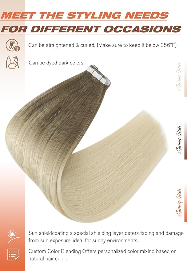Sunny Hair Tape in Hair Extensions Real Human Hair Invisible Remy Hair Extensions Tape ins for Women Light Brown Root to Platinum Blonde Balayage 22 inch 20Pcs 50G
