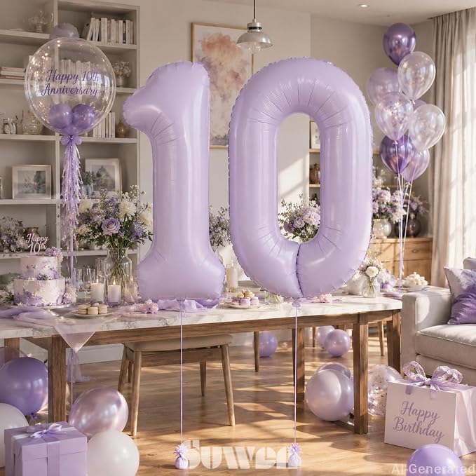 SUWEN 40 Inch Light Purple Lavender Big 2 Balloon Number Foil Helium 0-9 | 10th - Image 3
