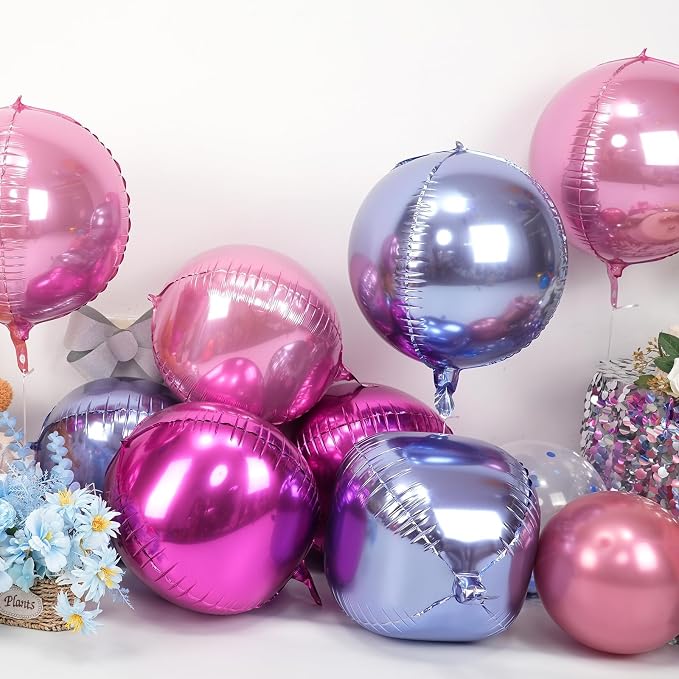 Pink Purple Round Foil Balloons 9 pcs, Metallic Giant 4D Round Balloons 22 Inch - Image 3