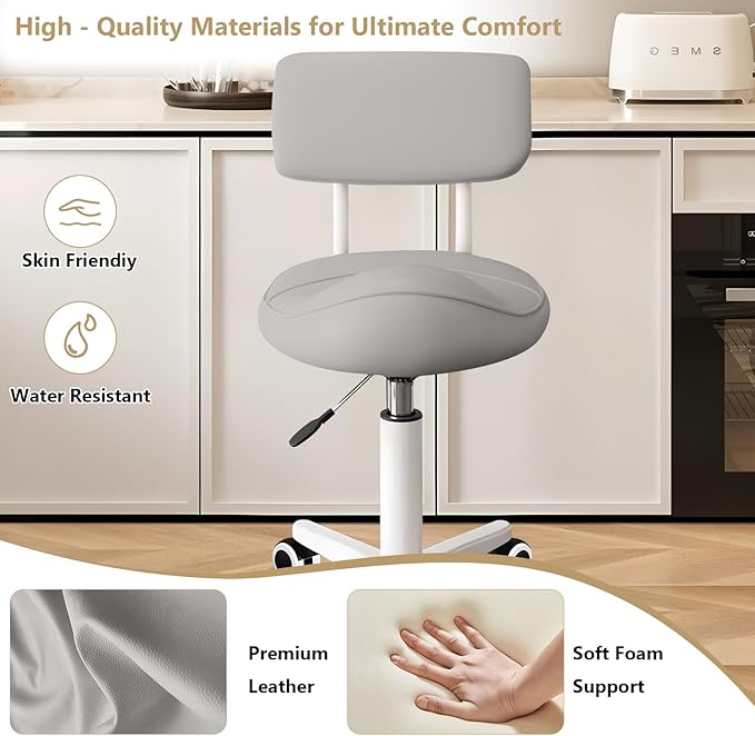 Ergonomic Esthetician Stool Chair with Back Support for Salon, Swivel Rolling Stool Height-Adjustable for Clinic Dentist Spa, Home Office, Drafting Work Task Chair