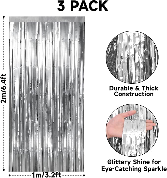jijAcraft Metallic Silver Tinsel Foil Fringe Curtain, 3 Pack 3.2x6.5 Feet Party - Image 2