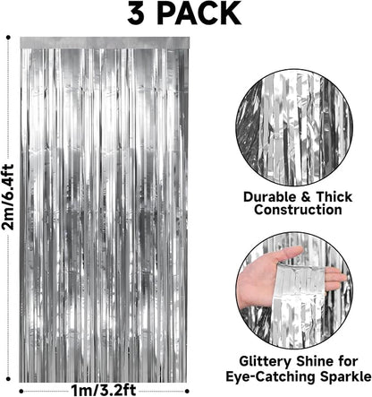 jijAcraft Metallic Silver Tinsel Foil Fringe Curtain, 3 Pack 3.2x6.5 Feet Party - Image 2
