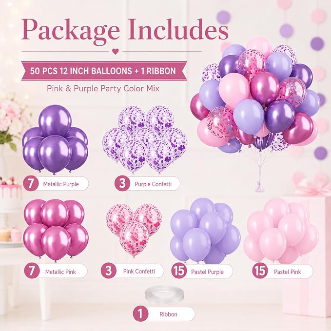Pink and Purple Balloons, Metallic Purple Pink Latex Balloons - Image 4