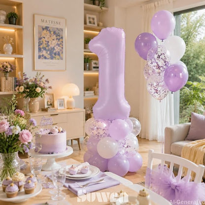 SUWEN 40 Inch Light Purple Lavender Big 1 Balloon Number Foil Helium 0-9 | 1st - Image 3