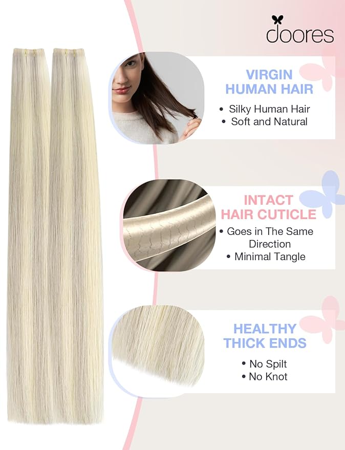 DOORES Invisi Edge Hair Extensions Real Human Hair Tape in, Ash Blonde Highlighted Platinum Blonde 10 Injection Tape-ins with 10 Injection Tape-ins 50g 20 Inch, Injected Tape in