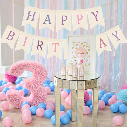Doumeny Happy Birthday Burlap Banner Boho Birthday Garland Bunting Purple Pink - Image 4
