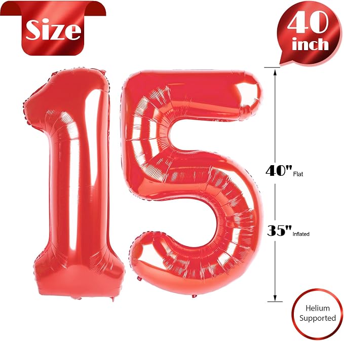 Red 15 Balloon - Number Balloon 40 Inch, 15th Red Birthday Decorations | Large - Image 5