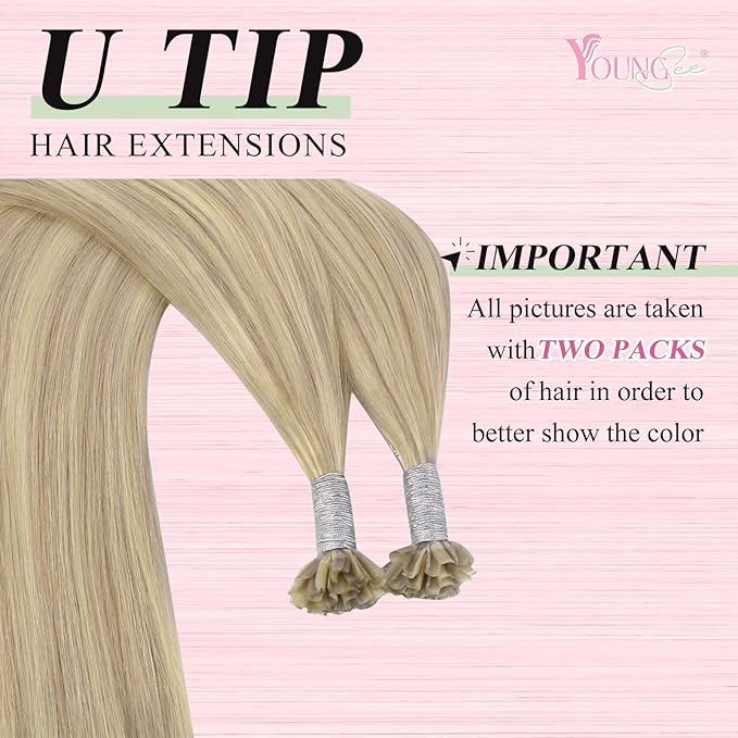 YoungSee U Tip Hair Extensions Highlight Ash Blonde with Bleach Blond U Tip Hair Extensions Human Hair Highlight Utip Hair Extension Blonde Hot Fusion Hair Highlight 16In 1G/S 50G for Wedding