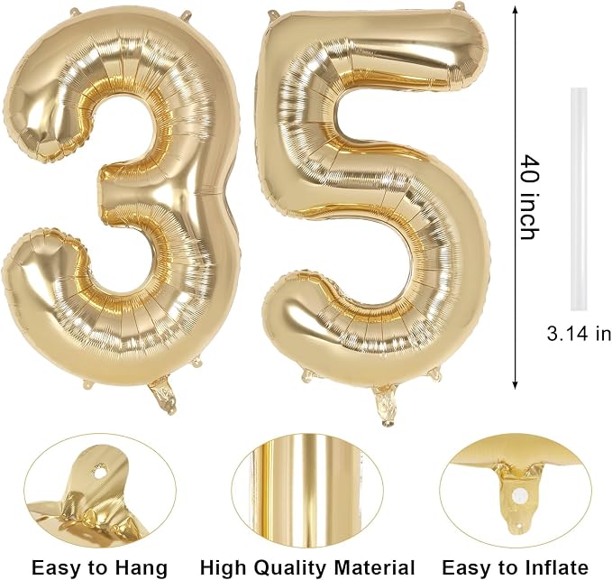 Champagne Large Number 35 Balloon, 40 Inch Light Gold Foil Helium Number - Image 2