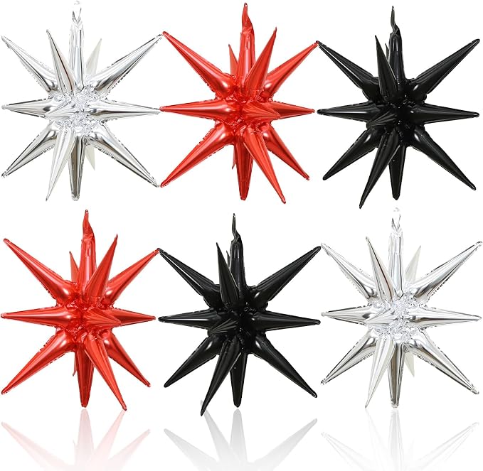 HILAVO 6PCS Star Balloons, 22Inch Black Red and Silver Star Balloon Foil by HILAVO