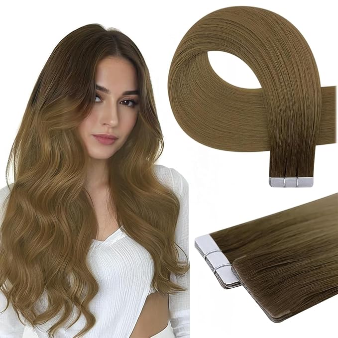 Full Shine Injected Tape in Hair Extensions Color R3 Dark Brown to 8 Light Brown Ombre Seamless Tape in Extensions Virgin Real Human Hair 18Inch Silky Straight 12.5Grams 5Pcs for Postpartum Women