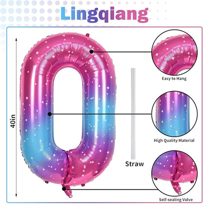 40 In Rianbow Large Numbers Balloons 0-9, Self Inflating Gradient Blue Pink - Image 2