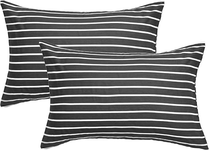 JELLYMONI 100% Natural Cotton Striped Standard Pillowcases Set, 2 Pack White and Black Stripes Pattern Printed Pillow Covers with Envelope Closure(Pillows are not Included)