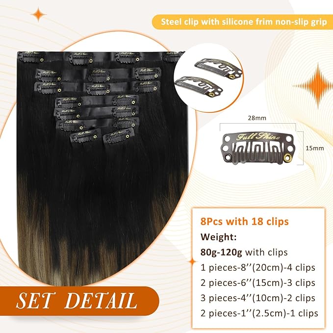 Full Shine Ombre Clip in Hair Extensions Real Human Hair 12 Inch Black to Light Brown with Honey Blonde Seamless Clip ins Invisible Remy Hair Softness 8 PCS 95 G