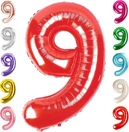 9 Balloon Numbers Birthday Decorations, 40In Red Balloons by Mluchee