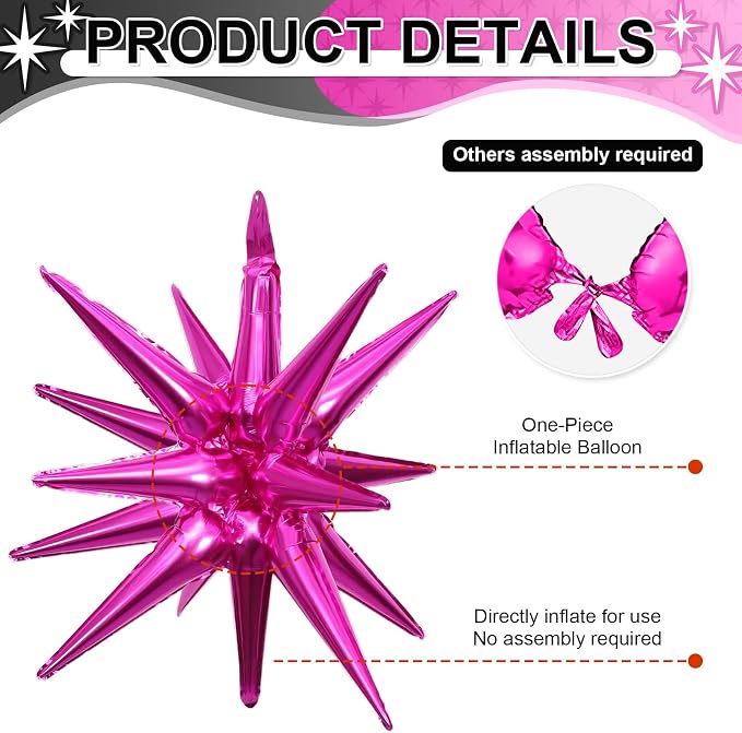 9Pcs Hot Pink and Black Star Balloons, Large Explosion Foil Balloons, Metallic - Image 3