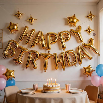 Gold Happy Birthday Balloons Banner 16 Inch Mylar Foil Letters, 10 Inch Five & - Image 2