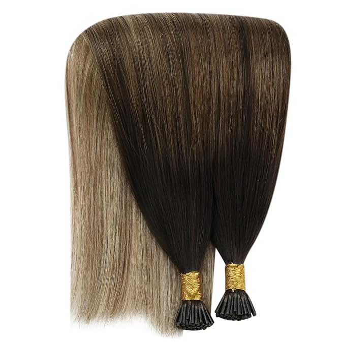 YoungSee Itip Hair Extensions Brown Balayage 14 Inch I Tip Hair Extensions Human Hair Dark Brown Ombre Medium Brown with Blonde Itip Hair Extension Real Human Hair Short Straight Hair 80s 50g
