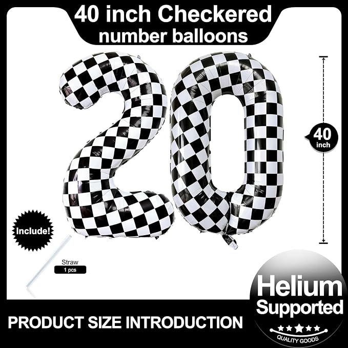 LHOAVWE Number 20 Checkered Balloons 40 Inch Giant Race Car Checkered 20 Number - Image 2