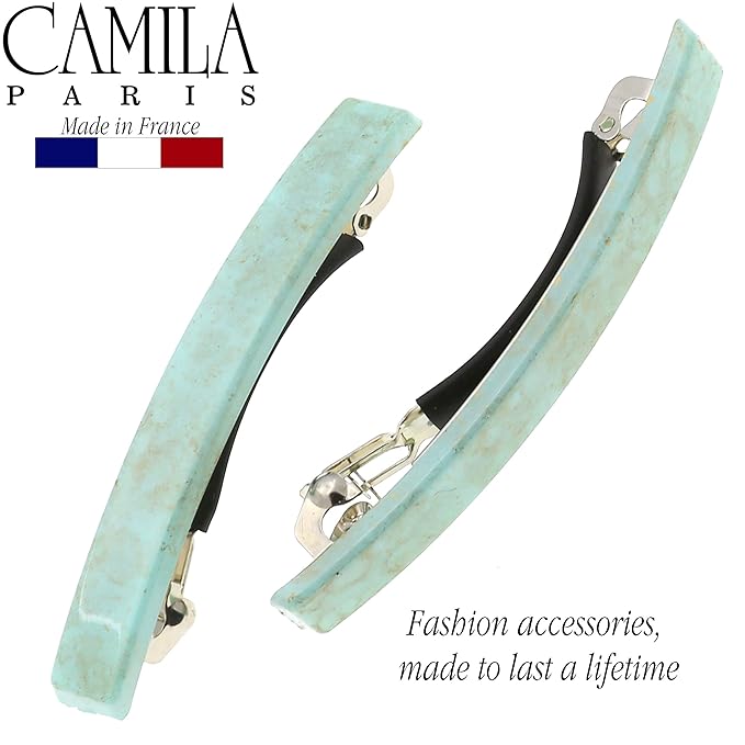 Camila Paris CP3072 French Hair Barrette Clip for Girls, Set of 2 Mint Rubberized Metal Clasp Strong Hold Grip Hair Clips for Women, No Slip Durable Styling Girls Hair Accessories, Made in France