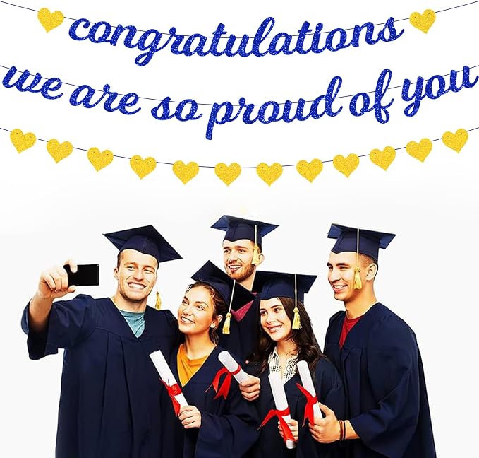 Zwiebeco Blue Gold Congratulations Banner We are So Proud of You Sign Hearts - Image 2