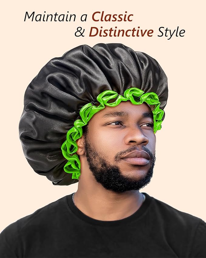 mikimini Extra Large Black Shower Caps Pack of 2 for Women and Men Thick Long Hair Braids, Reusable Waterproof Double Layers XL Bathing Hair Cap with Vibrant Green Edge (Black)