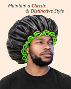 mikimini Extra Large Black Shower Caps Pack of 2 for Women and Men Thick Long Hair Braids, Reusable Waterproof Double Layers XL Bathing Hair Cap with Vibrant Green Edge (Black)