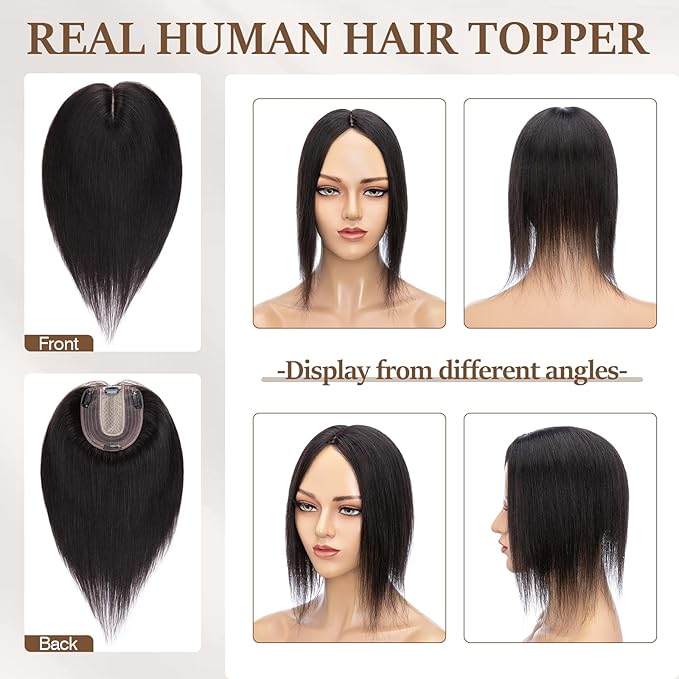 Rich Choices Hair Toppers for Women Real Human Hair 100% Human Remy Toppers NO Bangs for Women with Thinning on Top Clip in Hairpiece 4"x4.7"Lace Base 14 Inch #1B Natural Black