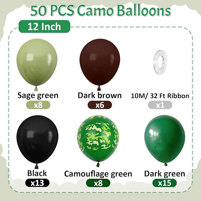Paready Camo Balloons, Camouflage Army Balloon, 12 Inch Dark Sage Green Black - Image 2