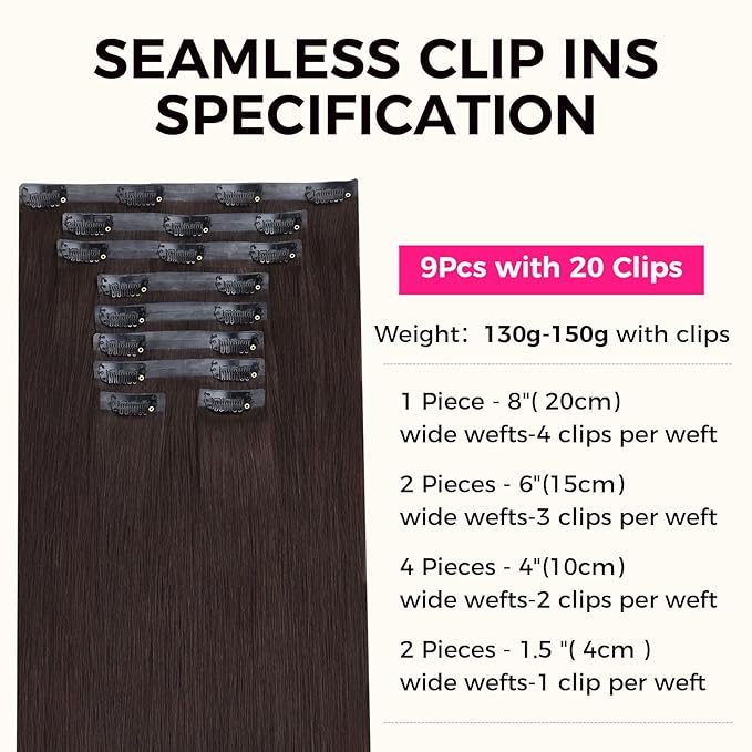 Lashey Seamless Clip in Hair Extensions Human Hair 130g 9pcs #2 Dark Brown Straight 18 Inch Clip in Hair Extensions with PU Soft Invisi Edge