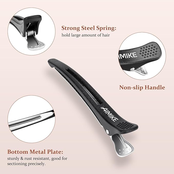 AIMIKE 12pcs Professional Hair Clips for Styling Sectioning, Non Slip No-Trace Duck Billed Hair Clips with Silicone Band, Salon and Home Hair Cutting Clips for Hairdresser, Women, Men -Black 4.3” Long