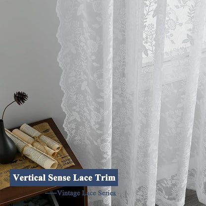 FINECITY White Sheer Lace Curtains Rustic Leaf Floral W52xL45 Inch 2 Panels | - Image 5