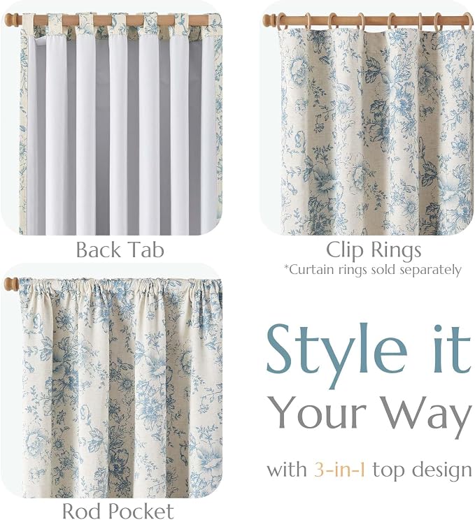 jinchan Blue Floral Linen Blackout Curtains Lined 90 Inch Back Tab 2 Panels | - Image 4