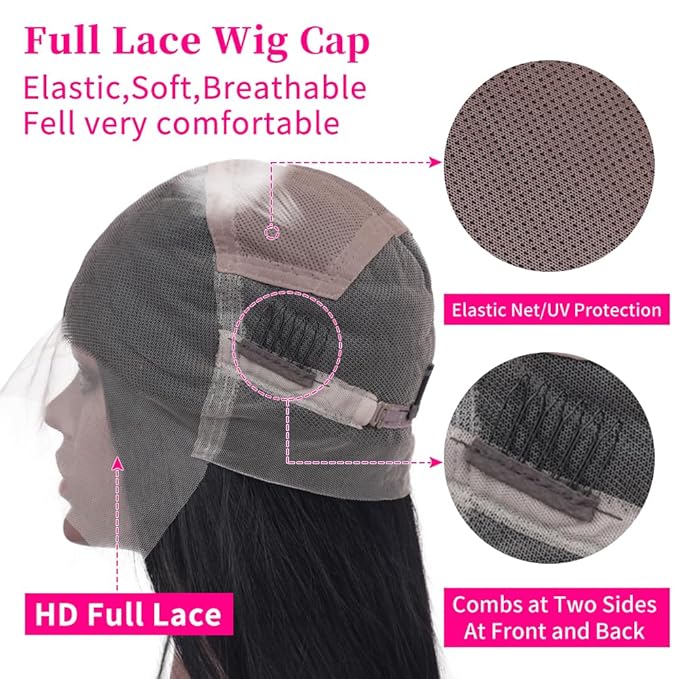Straight Full Lace Wigs Human Hair 100% Hand-tied Full Scalp Lace Wigs for Black Women 180% Density(16inch, Natural Black)