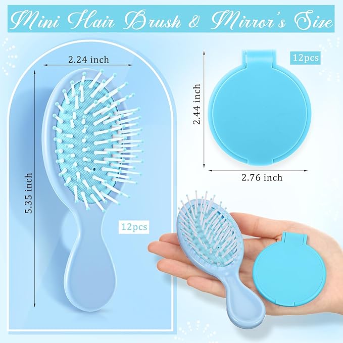 Meanplan 24 Pcs Mini Hair Brush Set 12 Travel Wet Dry Hair Combs Pocket Detangling 12 Compact Folding Makeup Mirrors for Spa Sleepover Birthday Bridal Shower Bachelorette Christmas Party Gift(Blue)