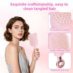 Retractable Air Cushion Massage Comb for Woman, Comfortable Self-Cleaning Detangling Hair Clean Brush with Pull Ring Anti-Static Comb for All Hair Types (Pink)