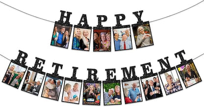 Black Pre-Strung Happy Retirement Photo Banner Party Decorations | Glitter by Eiurteao