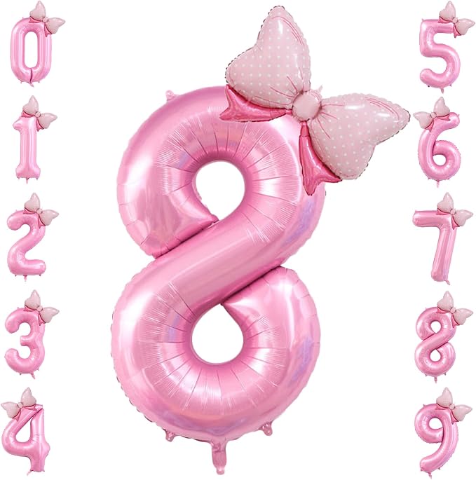 40 inch Number 8 Balloon with Bow Pink Happy Birthday Jumbo Number Balloon by OIBUTUR