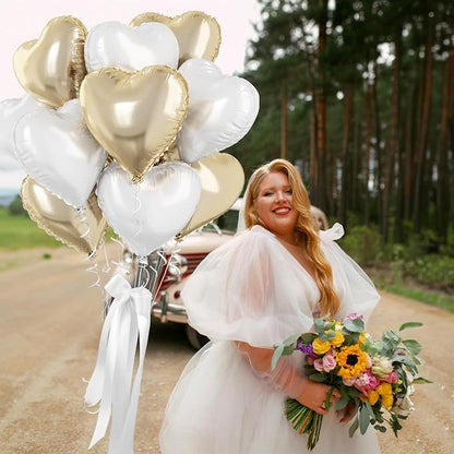 Gold White Foil Heart Balloons, 18 Inch 10 Pcs Pastel Yellow White Foil Heart - Image 3