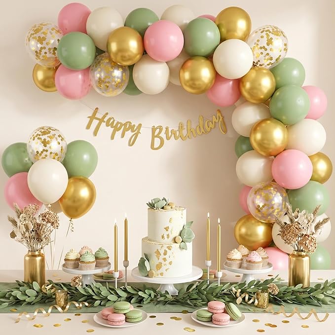 RUBFAC Pink and Sage Green Balloons, Party Easter Balloons Metallic Gold - Image 6