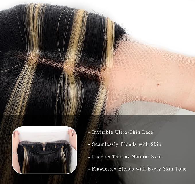BrittyHair Black Mix Blonde Long Straight Wig for Women 26 Inches Synthetic Layered Wig 13x4x1 Black Mix Blonde Lace Front Wig Middle Part Synthetic Wigs for Daily Cosplay Party Use