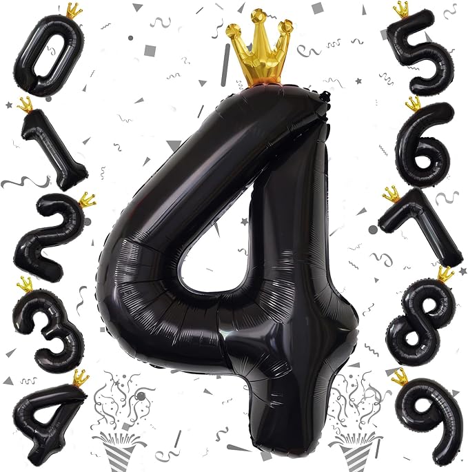 Crown Number Balloons 4 for Kids, Large Black Number Balloon 0-9 Set, Foil - Image 8