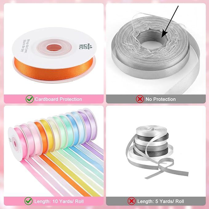 woric 120 Yards Rainbow Ribbon 12 Colors 3/8" x 10 Yards/Roll | Colorful Satin - Image 3