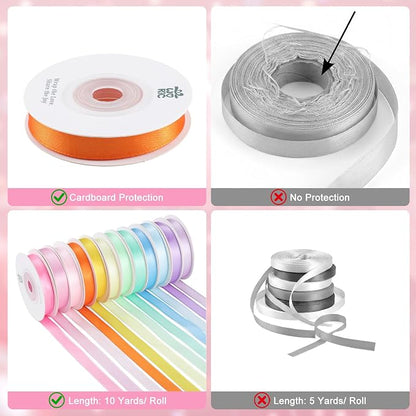 woric 120 Yards Rainbow Ribbon 12 Colors 3/8" x 10 Yards/Roll | Colorful Satin - Image 3