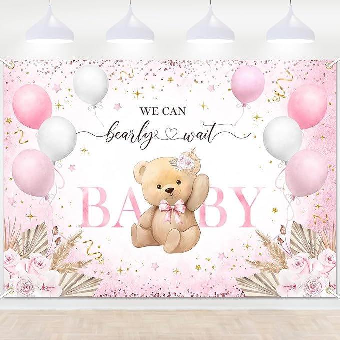 Pink Bear Baby Shower Backdrop 7x5 ft We Can Bearly Wait Banner by Lecheme