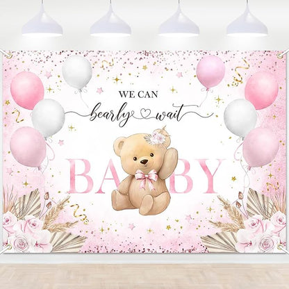 Pink Bear Baby Shower Backdrop 7x5 ft We Can Bearly Wait Banner by Lecheme