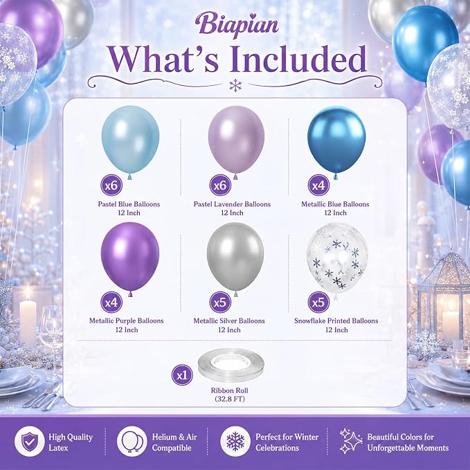 Frozen Balloons, 12 Inch Purple Blue White and Silver Balloons - Image 3