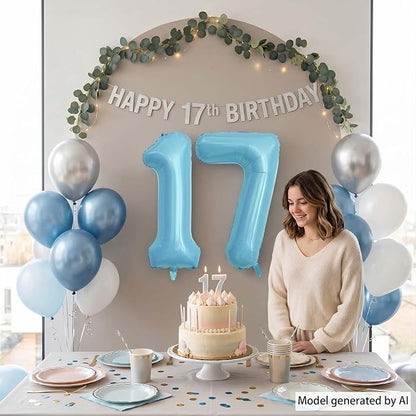 Pearlescent Blue Number 17 Balloon 40 Inch, Giant Light Blue Foil 17th Birthday - Image 3