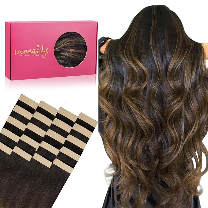 WENNALIFE Tape in Hair Extensions Human Hair, 20pcs 60g 26 inch Balayage Dark Brown Mixed Chestnut Brown Remy Hair Extensions Straight Human Hair Tape in Extensions Skin Weft Extension